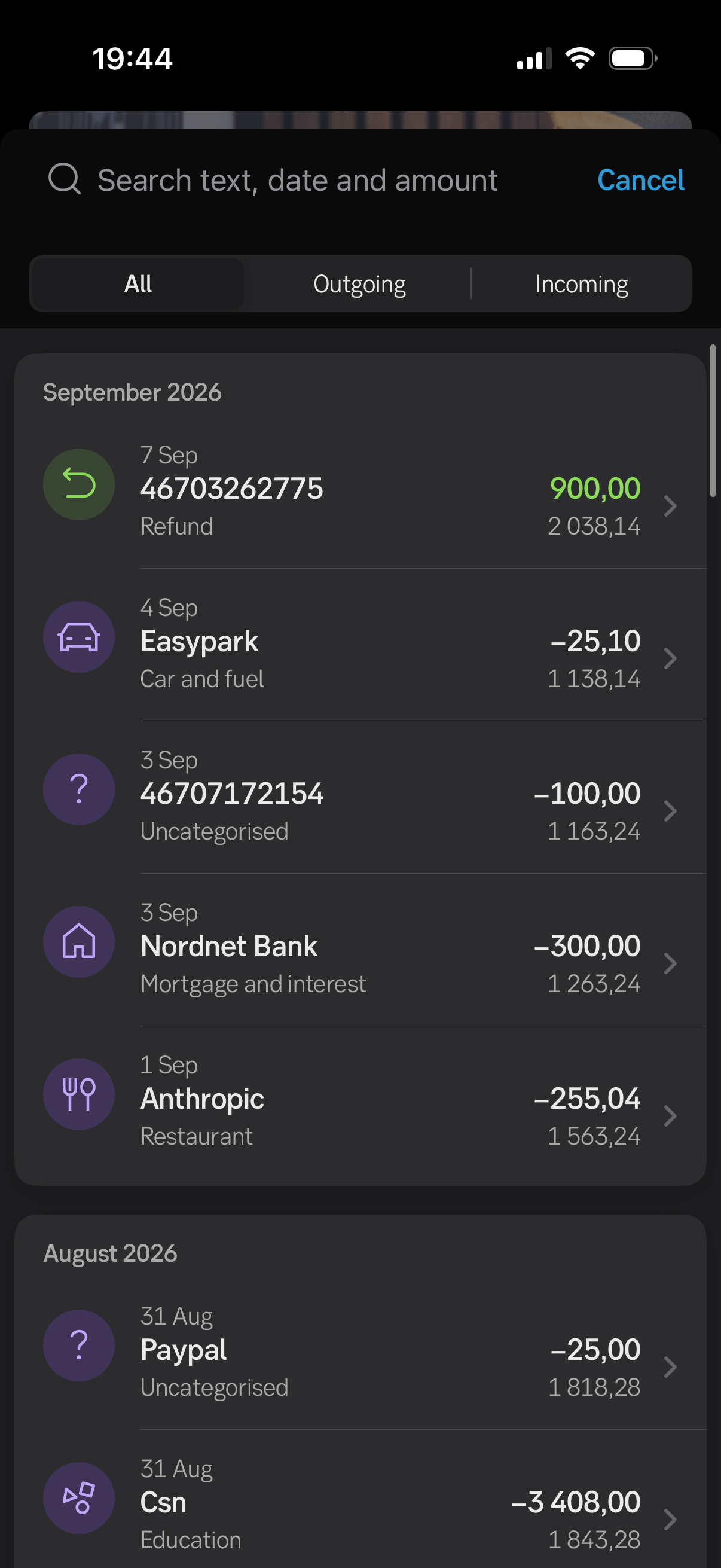 SEB transaction search results listed in reverse chronological order grouped by month.